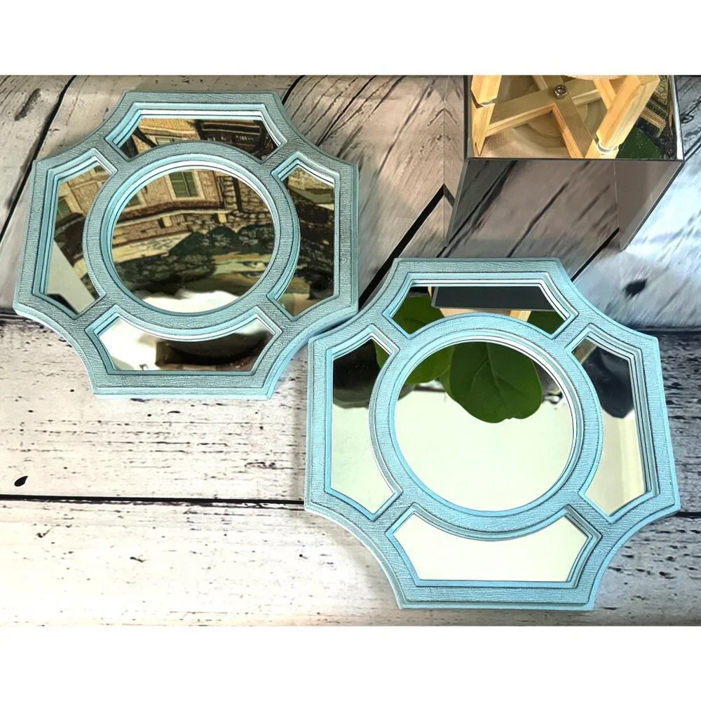 Set Of 2 Light Blue Octagonal Wall Mirrors With Geometric Design